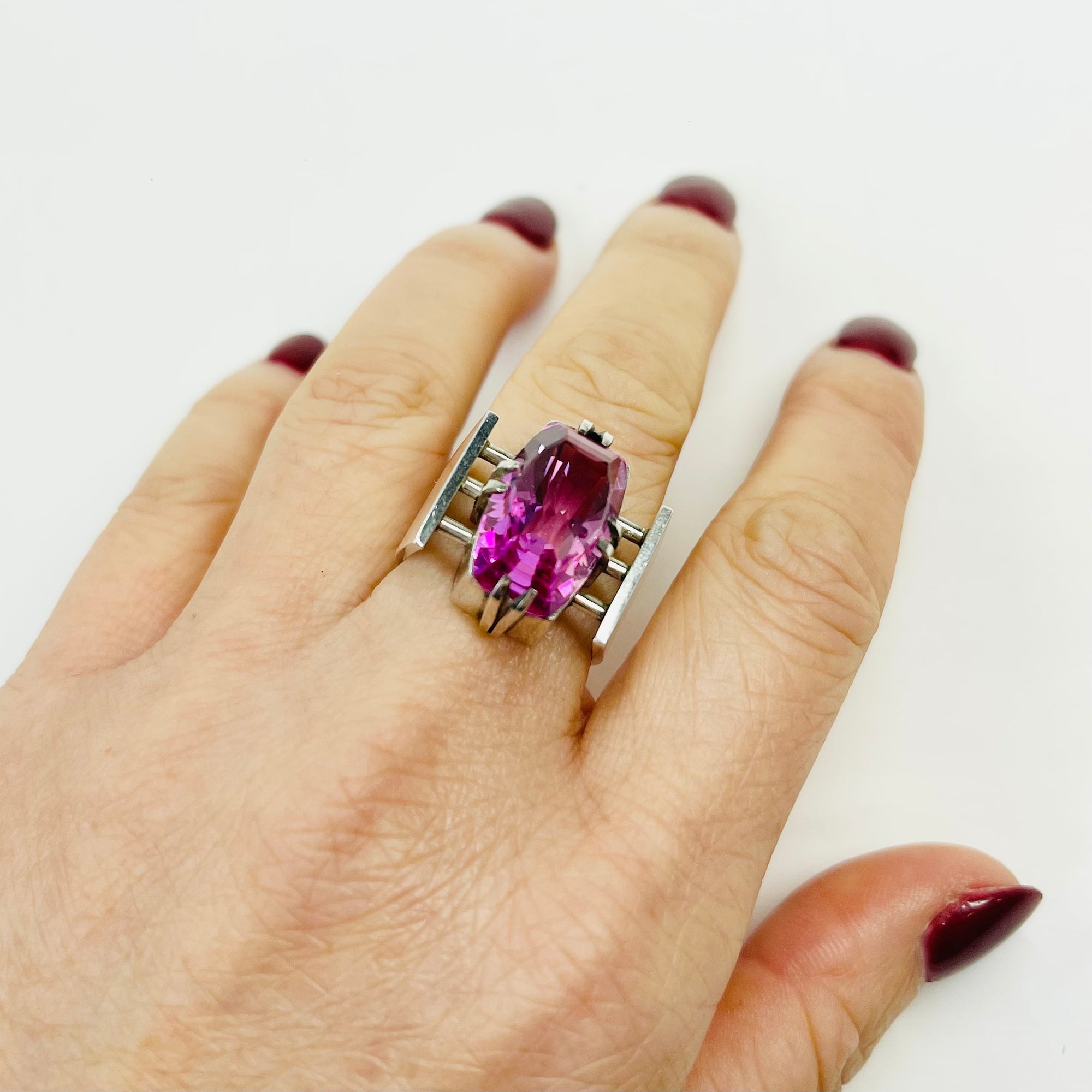 ART DECO SILVER TANK RING WITH PINK SPINEL