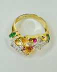 1950s 14K YELLOW GOLD DIAMOND EMERALD DOUBLE PANTHER HEADS RING WITH RUBY EYES