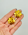 1994 CHANEL CC FILIGREE FLOWER GOLD LOGO BUTTON CLIP ON EARRINGS