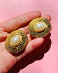 1980s OVAL FILIGREE PEARL CLIP ON EARRINGS