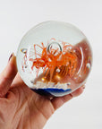 1980s ORANGE BLUE ABSTRACT SPATTER ART GLASS PAPERWEIGHT