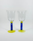 1980s MOUTH BLOWN BLUE YELLOW SPATTER GLASS WINE GLASSES/GOBLETS