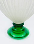 LARGE ANTIQUE ART DECO MURANO SCAVO FOOTED WHITE ACID GLASS VASE WITH GREEN HANDLES