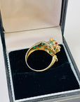 1950s 14K YELLOW GOLD DIAMOND EMERALD LEOPARD RING WITH RUBY EYES