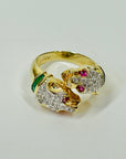 1950s 14K YELLOW GOLD DIAMOND EMERALD DOUBLE PANTHER HEADS RING WITH RUBY EYES