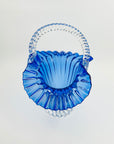 ANTIQUE VICTORIAN COBALT BLUE PRESSED RUFFLE GLASS BASKET/VASE