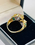 1950s 14K YELLOW GOLD DIAMOND EMERALD DOUBLE PANTHER HEADS RING WITH RUBY EYES