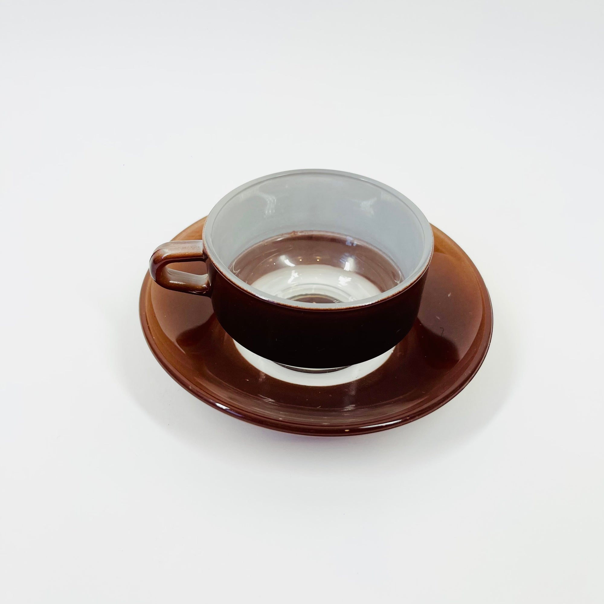 1950s FRENCH DURALEX BROWN GLASS EPSRESSO CUP AND SAUCER