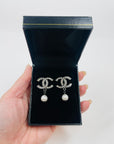 2000 CHANEL GUNMETAL DIAMANTE LOGO PEARL DROP PIERCED EARRINGS