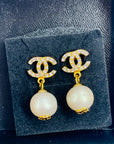1990s CHANEL CC GOLD LOGO CRYSTAL DROP PEARL PIERCED EARRINGS