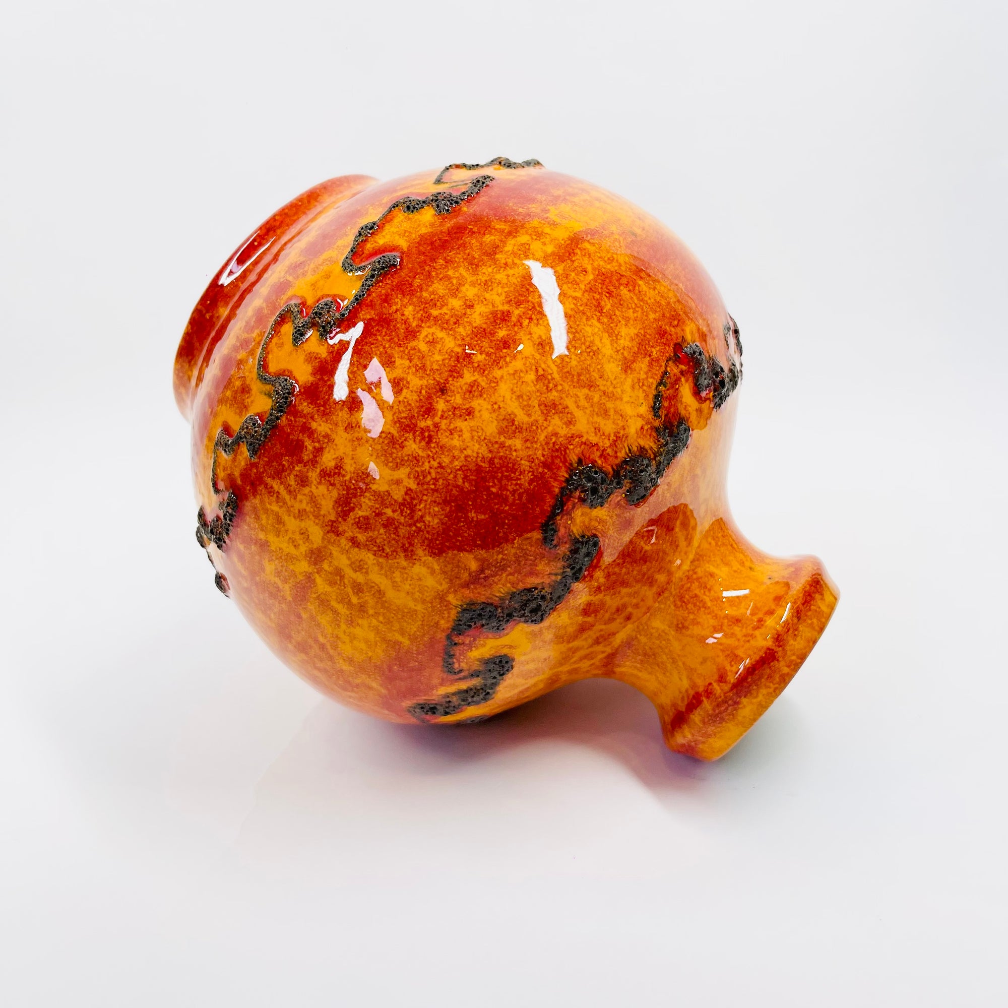 1960s WEST GERMAN ORANGE FAT LAVA ROUND POTTERY JUG VASE BY KREUTZ KERAMIK