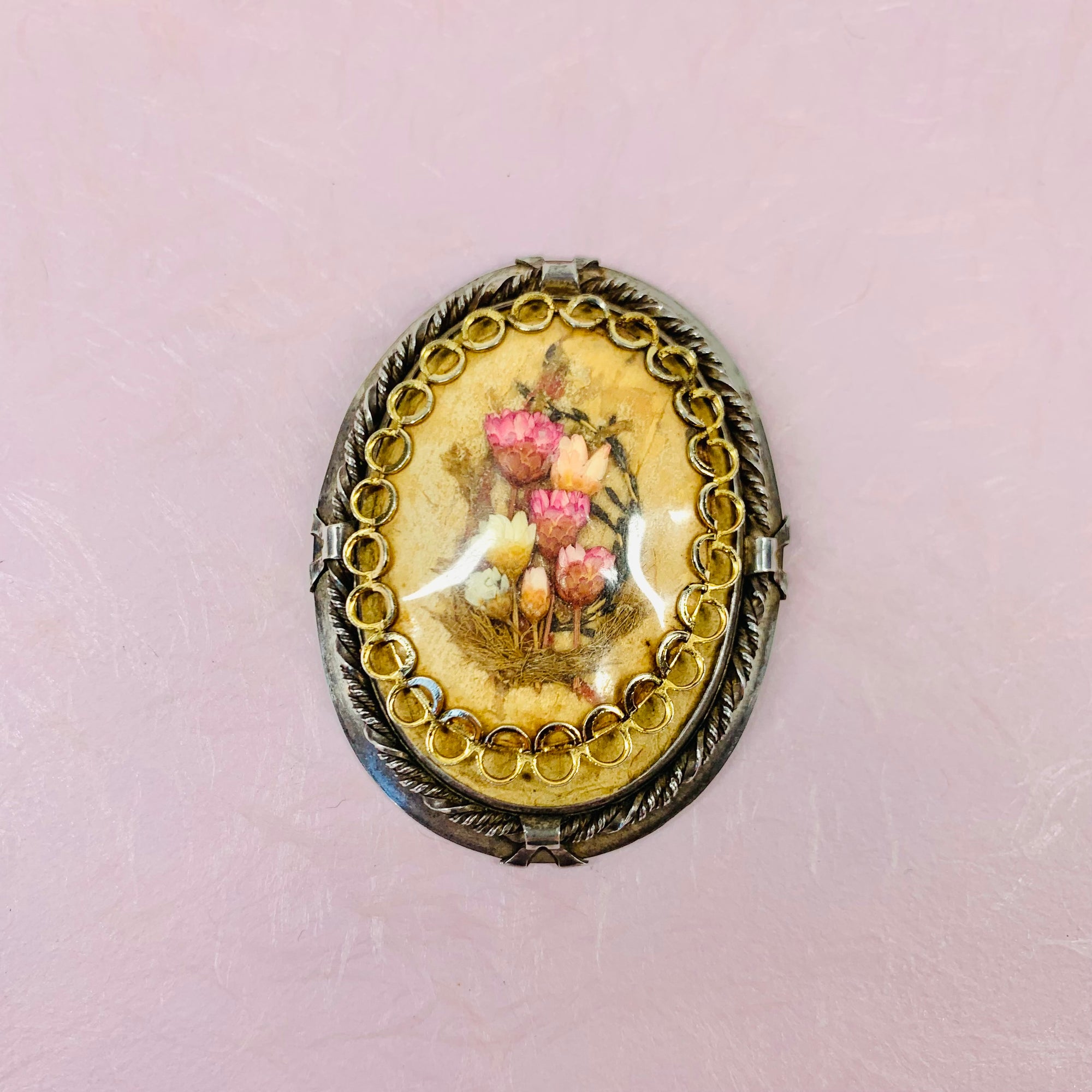 ANTIQUE VICTORIAN ENGLISH SILVER DRY FLOWERS BROOCH
