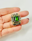 ANTIQUE GOLD SILVER COMPARTMENT RING WITH GREEN AMBER