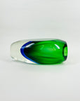 1960s GREEN BLUE HARLEQUIN MURANO SOMMERSO FACETED GLASS BLOCK VASE