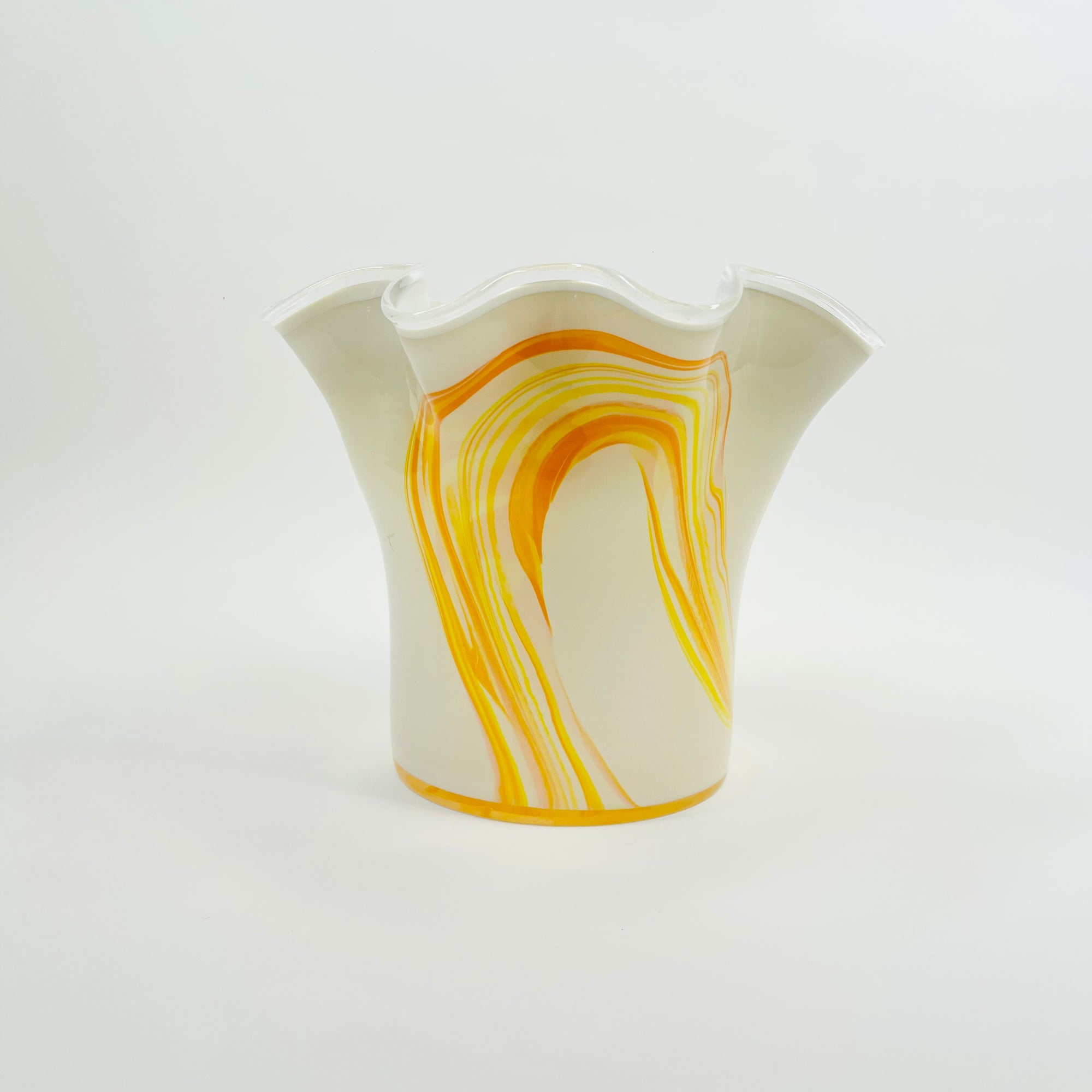 1970s ITALIAN CASED WHITE GLASS ORANGE SWIRLS RUFFLE RIM VASE