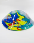 1987 HAND MADE HARLEQUIN CAMEO GREEN BLUE BASE SPATTER ART GLASS XL BOWL BY JOHN MACPHERSON