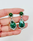 VINTAGE ART DECO STYLE GP COSTUME GREEN DIAMONTE DROP PIERCED EARRINGS