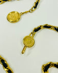 1980s CHANEL MATELASSE BLACK LEATHER GOLD PLATED MEDALLION LOGO BELT/NECKLACE