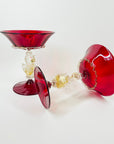 1950s SALVIATI VENETIAN RED RUBY GOLD AVENTURINE SWAN STEM GLASSES