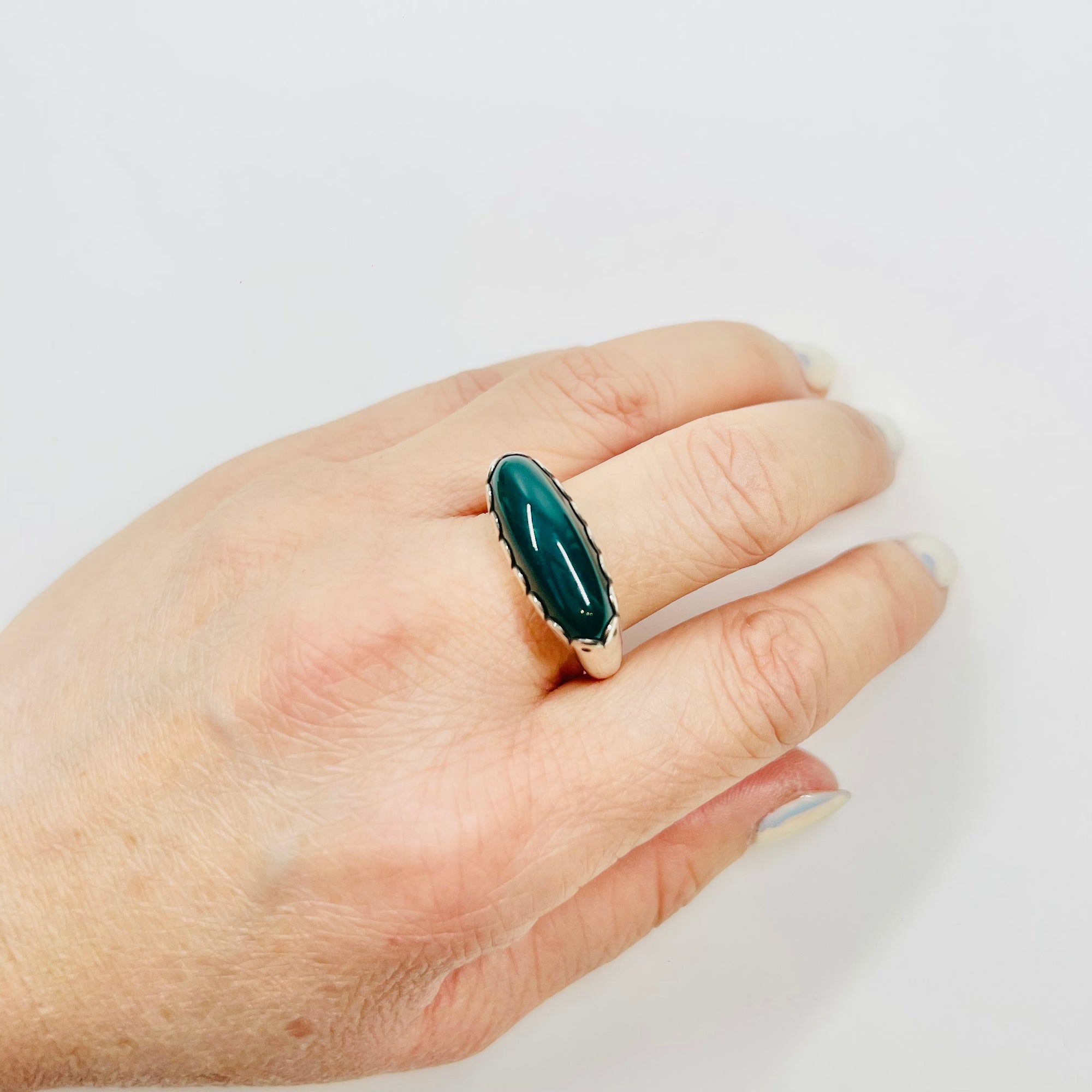 1960s DANISH BRUTALIST EMERALD GREEN GLASS SILVER RING
