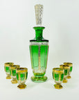 ANTIQUE ART DECO HAND CUT GOLD GILDED GREEN CRYSTAL DECANTER SET