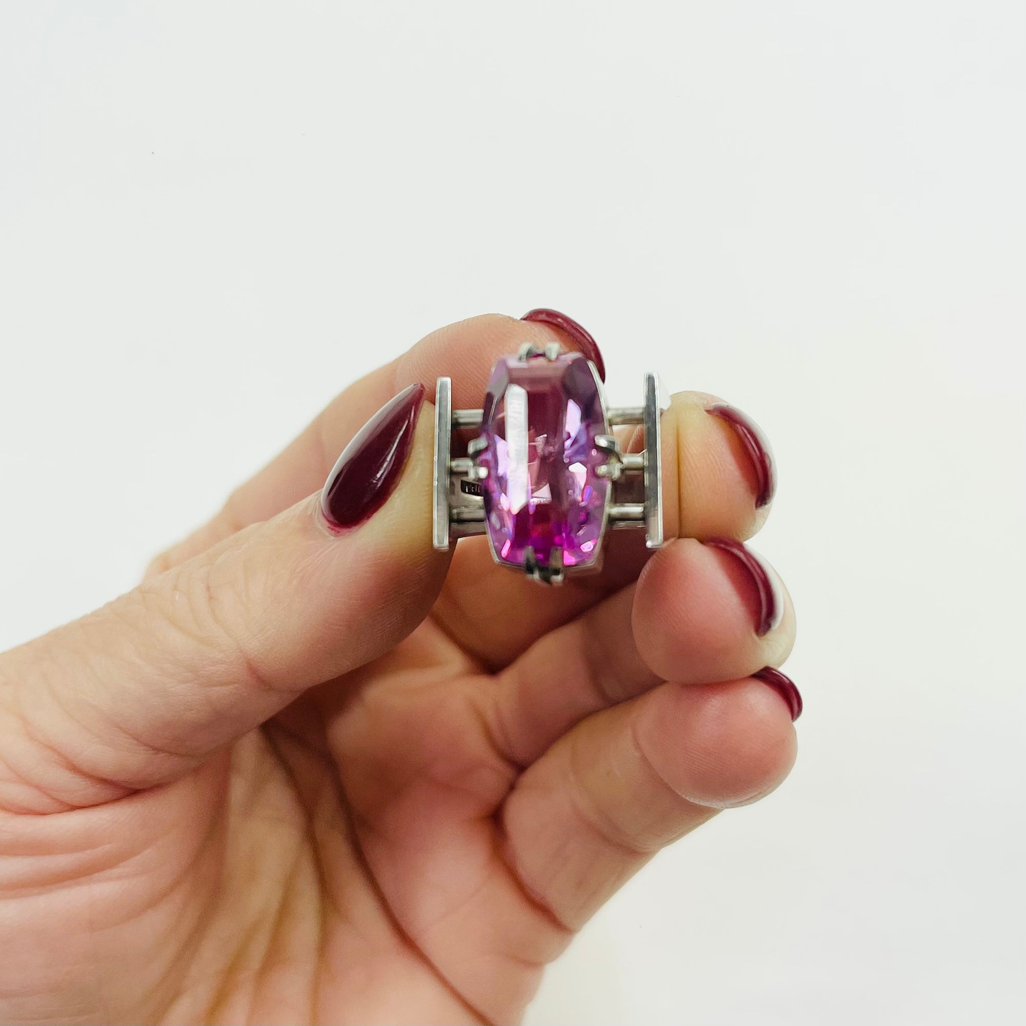 ART DECO SILVER TANK RING WITH PINK SPINEL