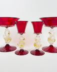 1950s SALVIATI VENETIAN RED RUBY GOLD AVENTURINE SWAN STEM GLASSES