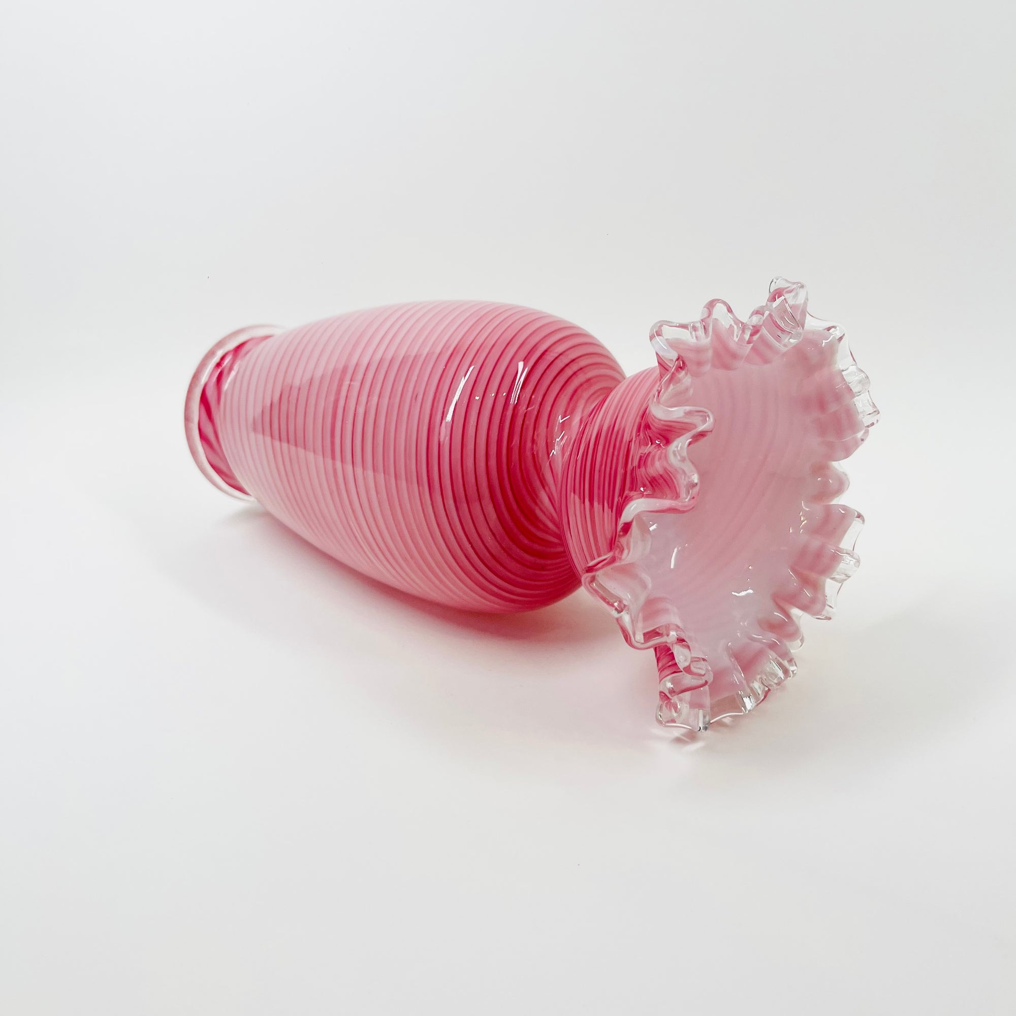 ANTIQUE MOUTH BLOWN PINK LATTICINO RUFFLE RIM VASE