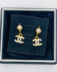 1990s CHANEL CC GOLD LOGO CRYSTAL PEARL PIERCED EARRINGS