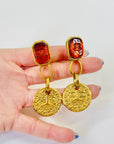 1993 CHANEL GRIPOIX AMBER GLASS COIN DROP CLIP ON EARRINGS
