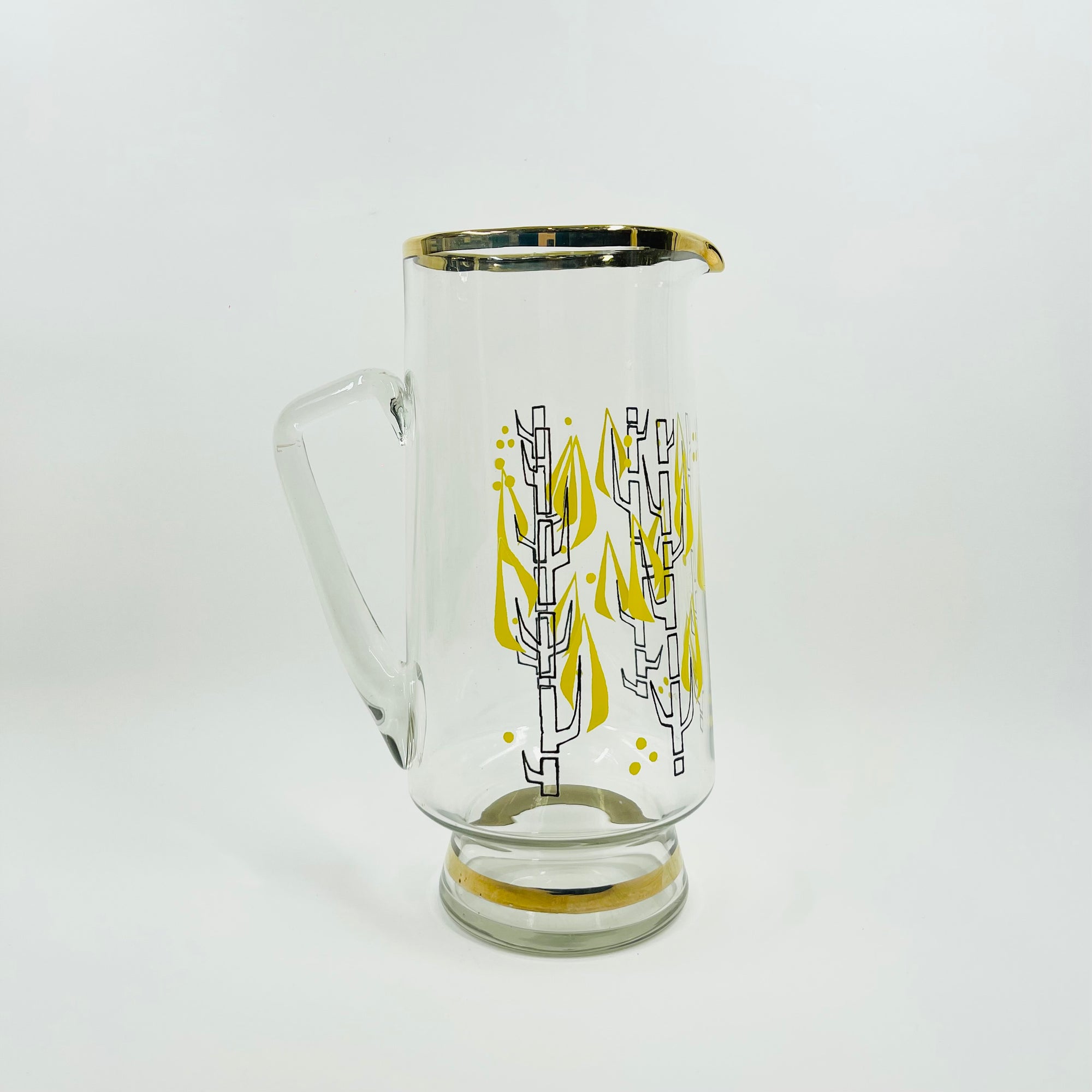1950s HAND PAINTED ABSTRACT TREE THEME GLASS JUG SET