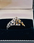 1970s 9 MIXED 14K WHITE YELLOW GOLD DIAMOND BLACK SAPPHIRE SNOW LEOPARD RING