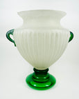 LARGE ANTIQUE ART DECO MURANO SCAVO FOOTED WHITE ACID GLASS VASE WITH GREEN HANDLES