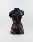 1980s HAND PAINTED GOLD PURPLE CLAY SCULPTURE OF A FEMALE NUDE TRUNK