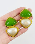 1980s RUNWAY CHANEL GRIPOIX GREEN GLASS MABE PEARL STATEMENT CLIP ON EARRINGS