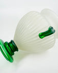 LARGE ANTIQUE ART DECO MURANO SCAVO FOOTED WHITE ACID GLASS VASE WITH GREEN HANDLES