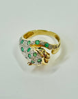 1950s 14K YELLOW GOLD DIAMOND EMERALD LEOPARD RING WITH RUBY EYES
