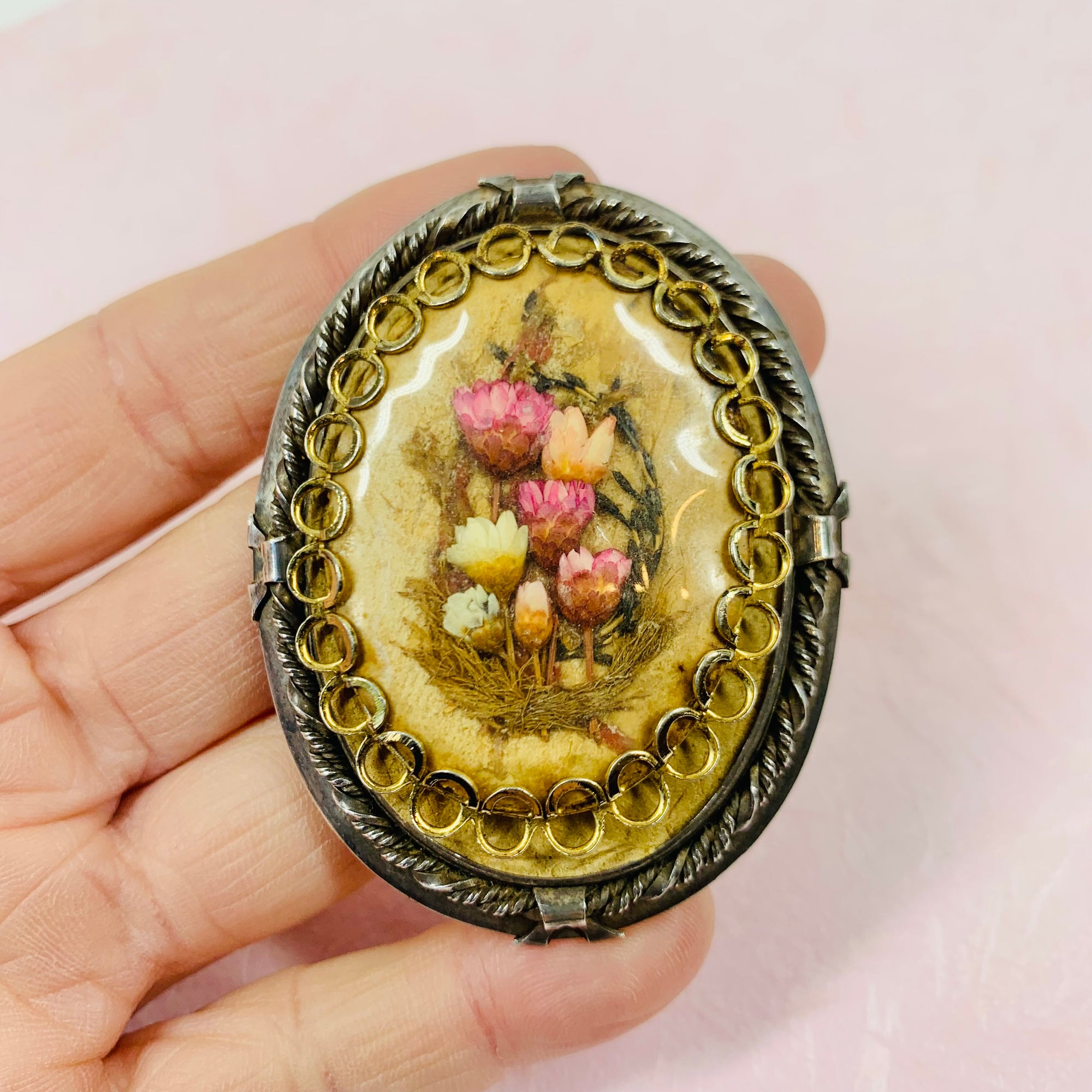 ANTIQUE VICTORIAN ENGLISH SILVER DRY FLOWERS BROOCH