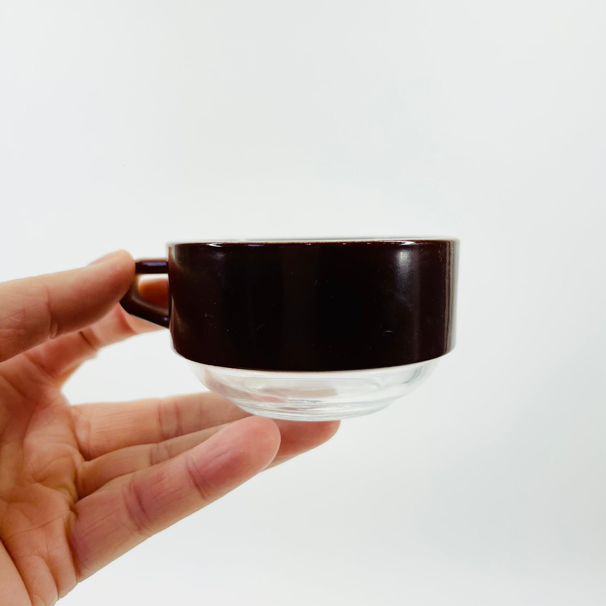 1950s FRENCH DURALEX BROWN GLASS EPSRESSO CUP AND SAUCER