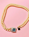 1950s AVON DOUBLE PEARL COSTUME NECKLACE WITH BLUE AND CLEAR PASTES