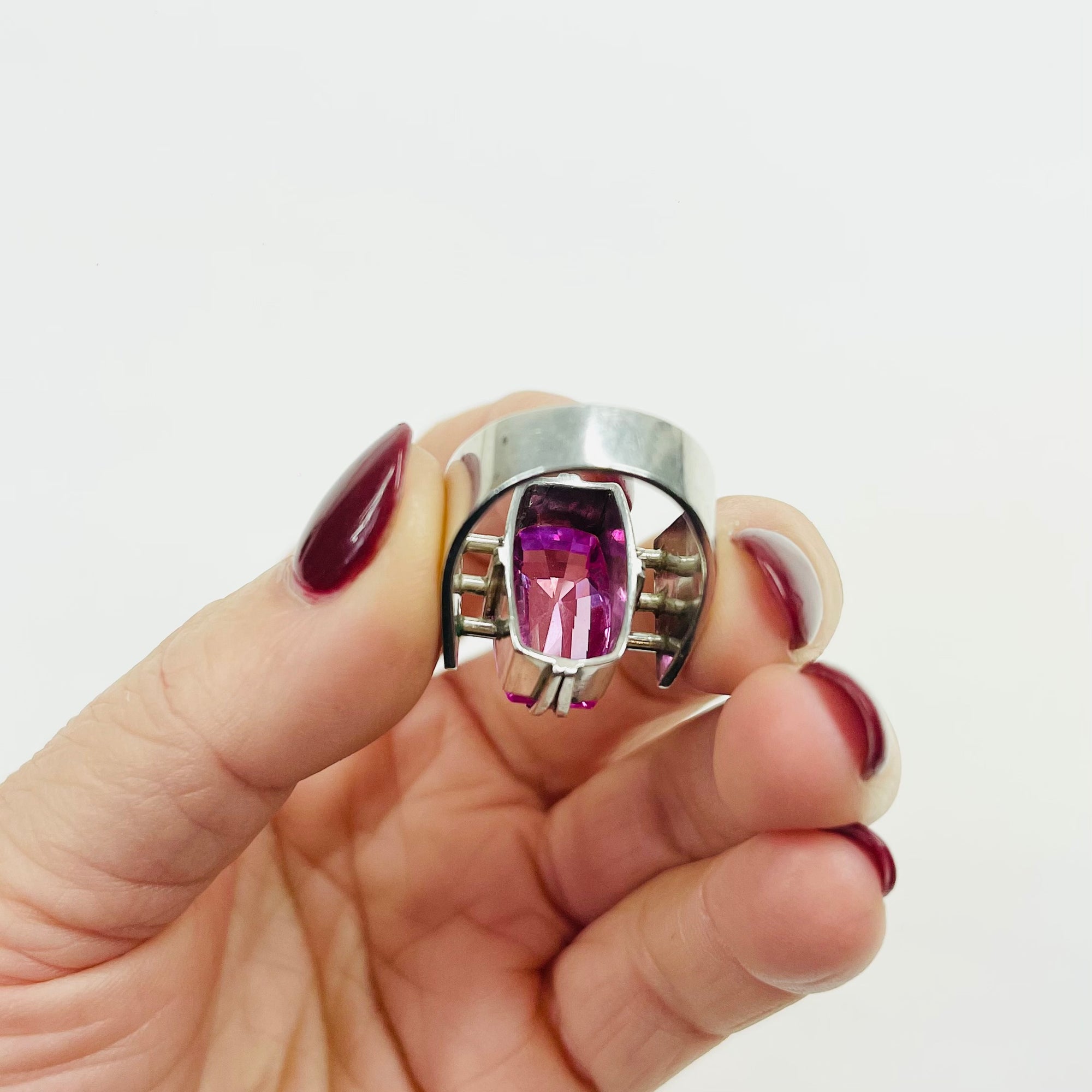 ART DECO SILVER TANK RING WITH PINK SPINEL