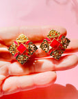 1950s SIGNATURE S DESIGN SCHIAPARELLI STATEMENT PINK ENAMEL CLIP ON EARRINGS