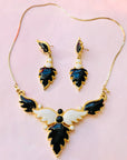 70s FLOWER BLACK WHITE ENAMEL NECKLACE SUITE