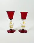 1950s SALVIATI VENETIAN RED RUBY GOLD AVENTURINE SWAN STEM GLASSES