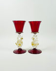 1950s SALVIATI VENETIAN RED RUBY GOLD AVENTURINE SWAN STEM GLASSES