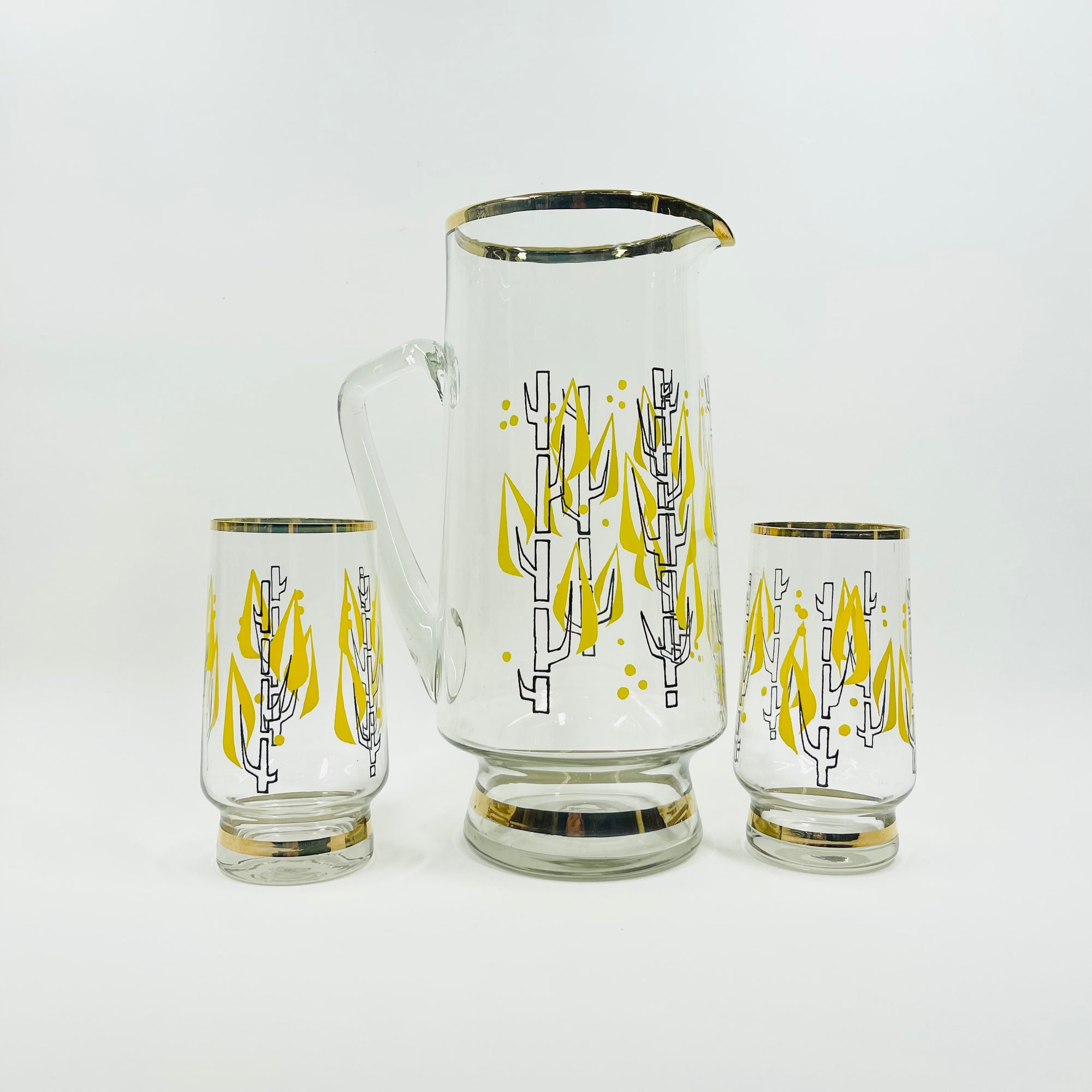 1950s HAND PAINTED ABSTRACT TREE THEME GLASS JUG SET