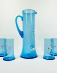 1950s BLUE HAND PAINTED GLASS JUG SET