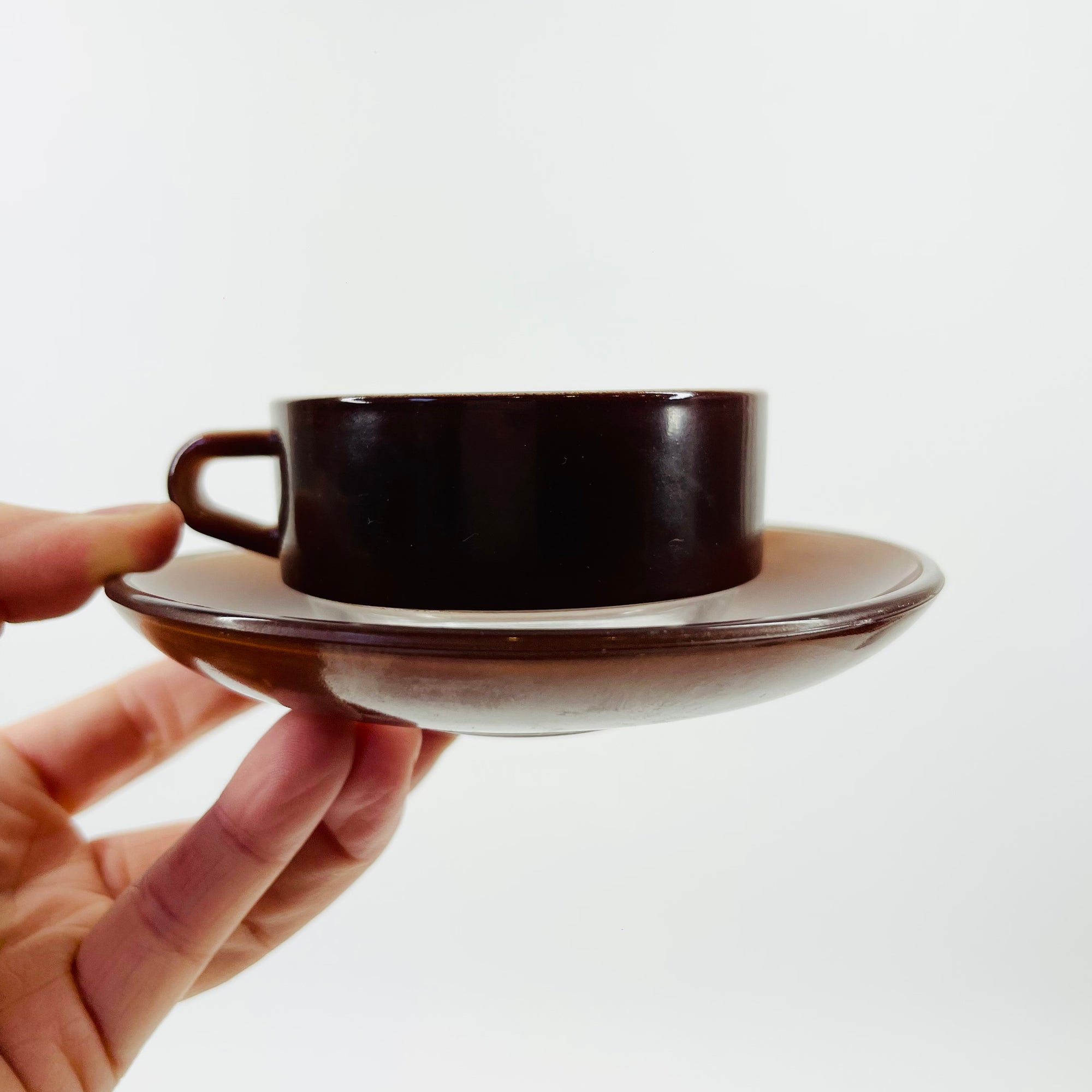 1950s FRENCH DURALEX BROWN GLASS EPSRESSO CUP AND SAUCER
