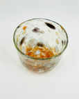 1980s AUSTRALIAN MOUTH BLOWN ORANGE BLACK WHITE SPATTER ART GLASS MINI BOWL/VASE