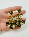 2022 LIMITED EDITION CHANEL BLACK GOLD FOIL CROSS PEARLS DROP PIERCED EARRINGS